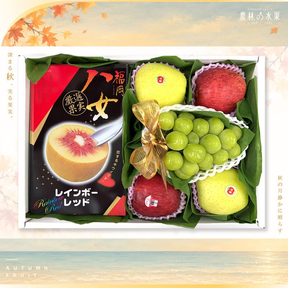 日本福岡縣空運進口 八女紅心奇異果 日本空運進口麝香葡萄 1 房 日本空運進口黃露蘋果 2 顆 空運進口愛妃蘋果 2 顆 大型精緻禮盒｜高級水果禮盒・專業包裝・企業採購・送禮推薦 - 農林水果