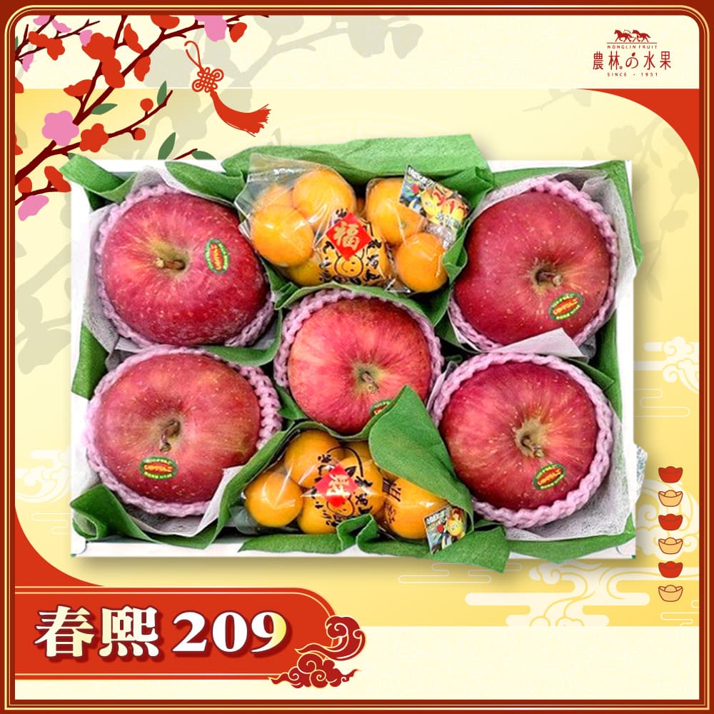 【春節禮盒】春熙 209 - 日本青森富士蘋果 5 入 日本鹿兒島袋裝小金桔 2 袋 精緻禮盒 - 春節水果送禮的首選 高貴雅緻的日本禮品 農林水果推薦 馬年新春送禮